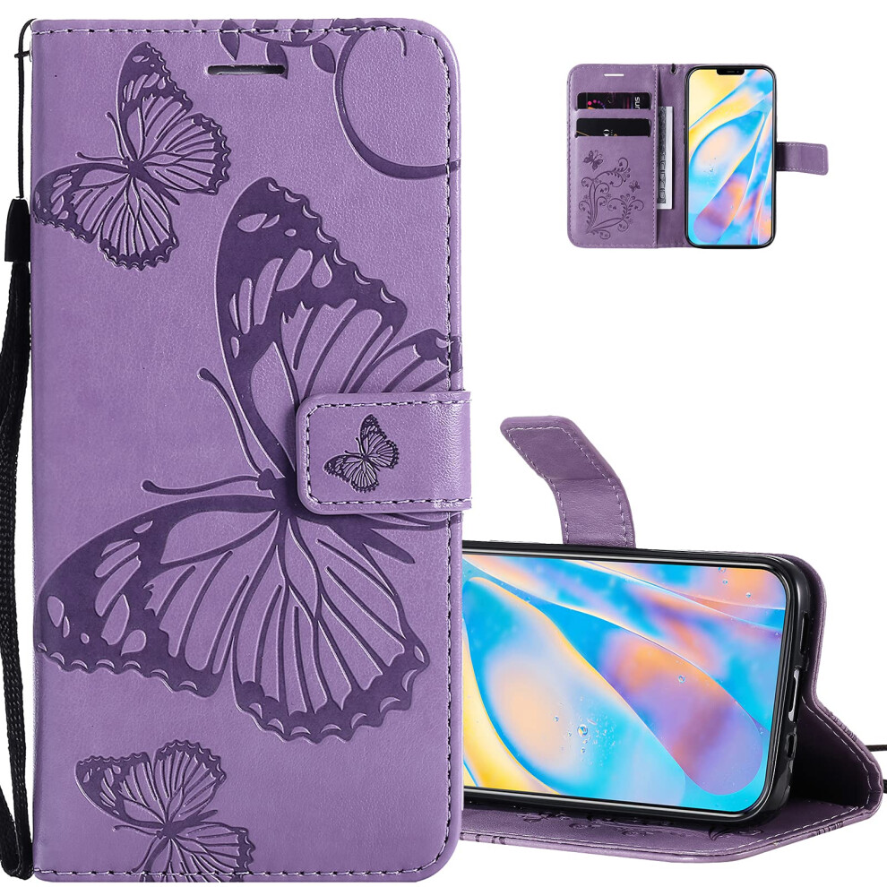 Wallet Case Butterfly Embossed Pu Leather Flip Cover With Card Holder Kickstand For Iphone 14 Purple 9771547558392
