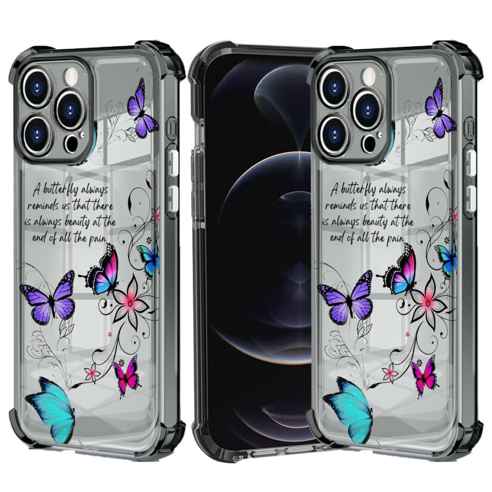 Butterfly Floral Clear Case For Iphone 16 Pro Max, Shockproof Antidrop Tpu Cover With Raised Camera Lip Black 9092120182583