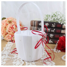 5X Double Heart Wedding Flower Girl Basket White Satin Rhinestone Decor Red Wedding Ceremony Party Favor