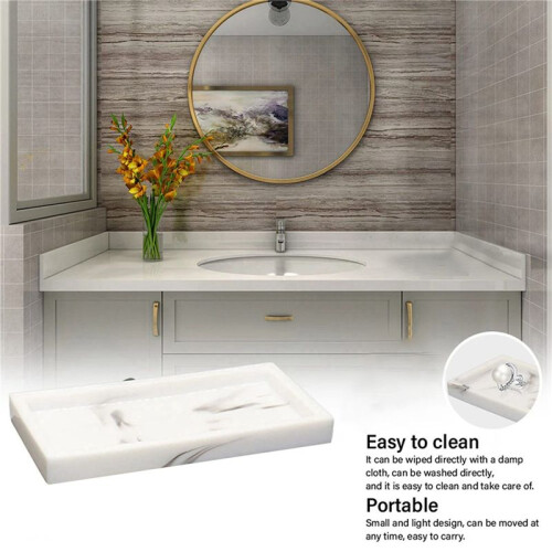 2X Marble Pattern Resin Tray Non Slip Rectangular Plate Countertop Bathroom Soap Shampoo Storage Tray Home Decor,White 2