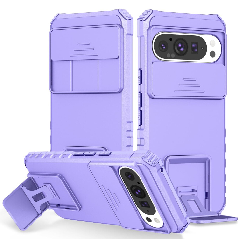 Case For Pixel 9 With Slide Camera Lens Cover, MilitaryâGrade Shockproof Kickstand Protective Cover Purple 9330225981589