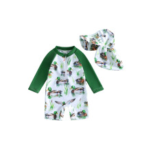 (18-24 Months, Green) Toddler Boy Swimsuit Set Adorable Duck Print Long Sleeve Round Neck Jumpsuit and Hat Set for Pool Beach