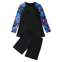 Women Two Piece Long Sleeve Rashguard Swimsuit with-Black XXL
