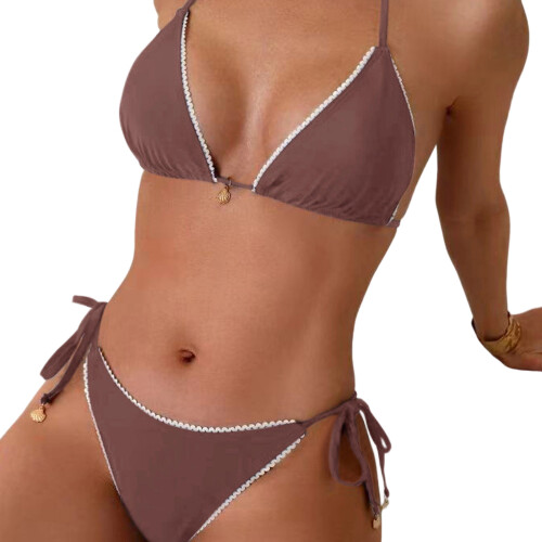 Backless Bathing Suit Two Piece Breathable-coffee color L