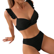 Women High Swimsuit Pleated Ruffle Padded Swimwear-Black XL