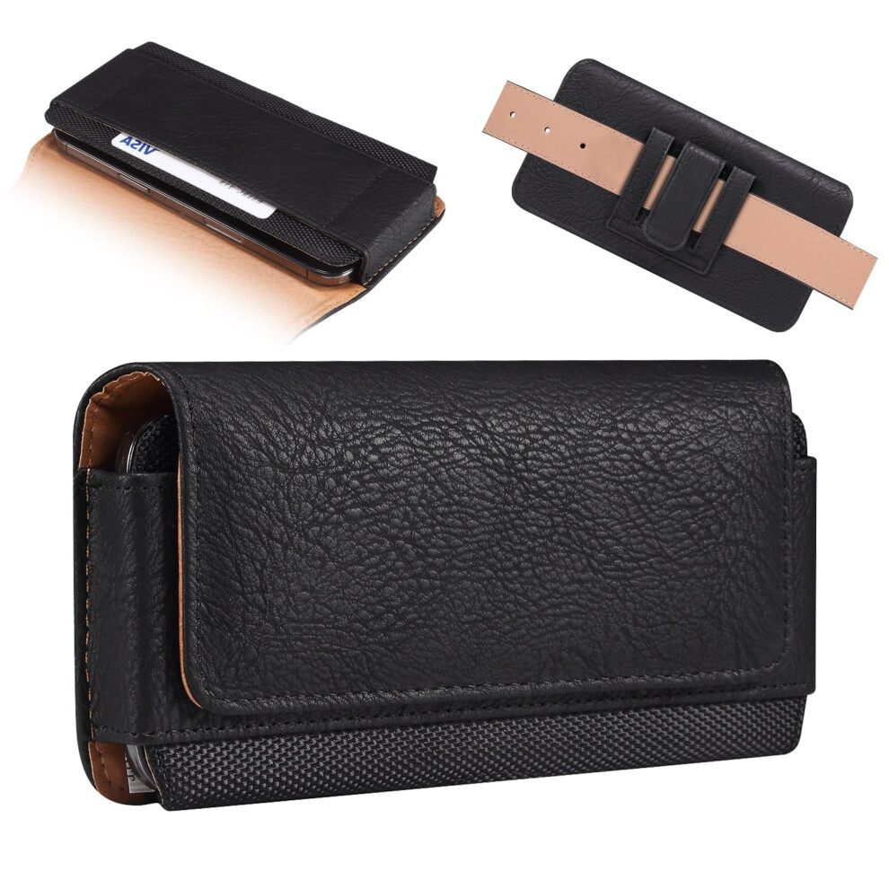 Leather Belt Clip Phone Holster Wallet Case With Card Slot For Iphone And Samsung, Magnetic Closure Black 9330225985884