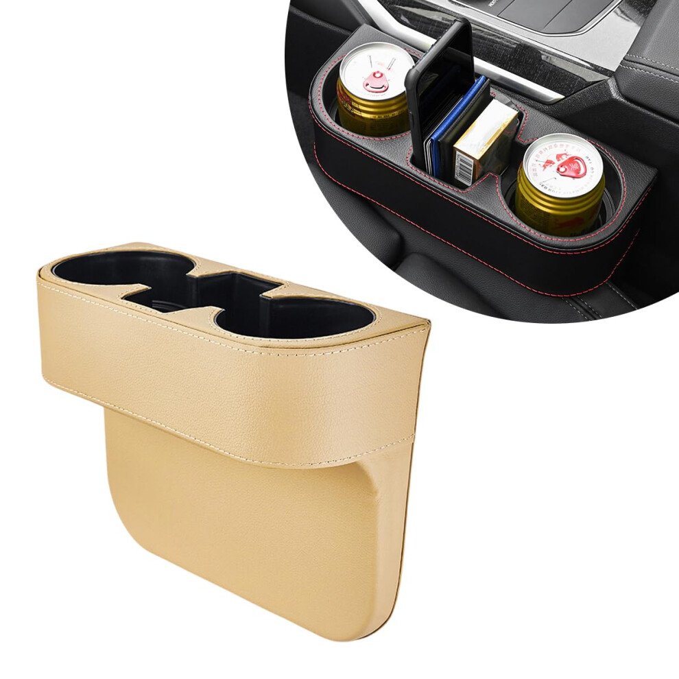 Leather Car Seat Gap Organizer With Extra Cup Holder, Universal Nonslip Storage Box For Car Suv Truck (Beige) Beige 9092120185959