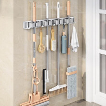 Heavy Duty Mop and Broom Holder Wall Mounted, Waterproof Aluminum with NonSlip Grips, NoDrill Rack, 4 Holders 5 Hooks