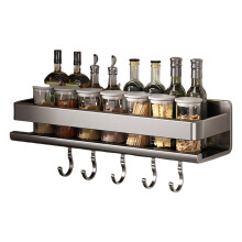 Wall Mounted Kitchen Rack Rustproof Carbon Steel No Drill Adhesive Shelf with Hooks Gunmetal Gray