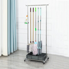 Stainless Steel Broom and Mop Holder with Hooks, Floor Standing Organizer with Drip Tray for Garage Kitchen Garden
