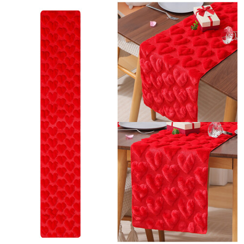 3D Quilted Plush Heart Pattern Fleece Table Runner-93cm Red 2
