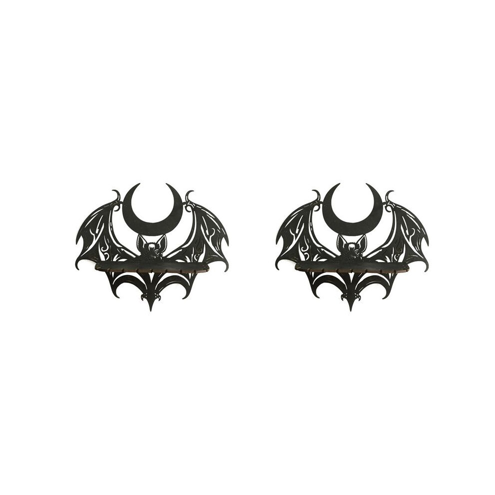2X Black Wooden Wall Shelf Gothic Bat Moon Profiling Hollow Pattern Floating Shelf Crystal Holder Goth Witch Room Decor 4713387360259