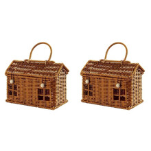 2X Imitation Rattankorb in Hausform mit Deckel, Dekorativer Handgewebter Regal-Organizer mit Klappgriff, Weidenkorb zum Ernten