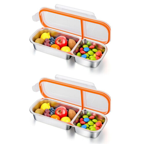 2X Reusable Snack Containers with Lids, Stainless Steel Double/2 Compartment Snack Box Container