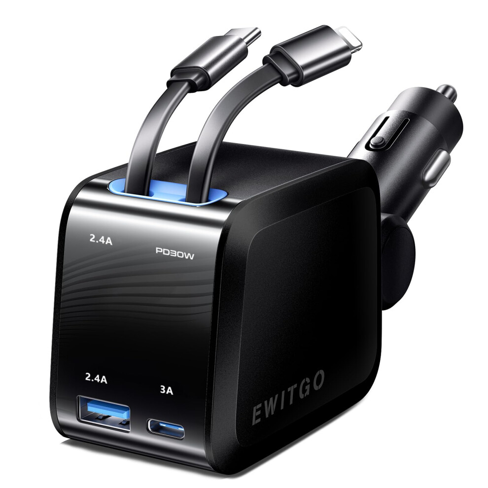 69W Dual Port Fast Usb C Car Charger With 4Ft Retractable Cable For Iphone And Samsung Black 9330225987604