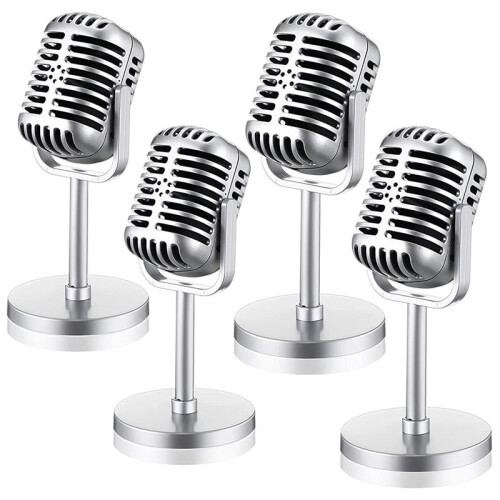 16 Pçs Adereços de Microfone Retrô Modelo Microfone Vintage Antigo Microfone de Brinquedo Microfone Decoração de Mesa de Palco, Prata 1