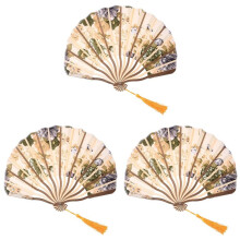 3X Klassischer Stil Pfingstrose Bluete Stoff Bambus-Faltreifen Tanz Handfaecher Beige