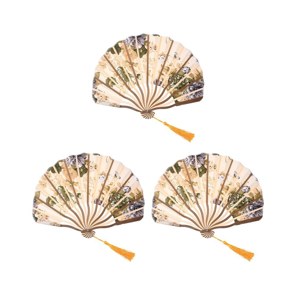 Semoic 3X Classic Style Peony Flower Fabric Bamboo Folding Dance Hand Fan Beige