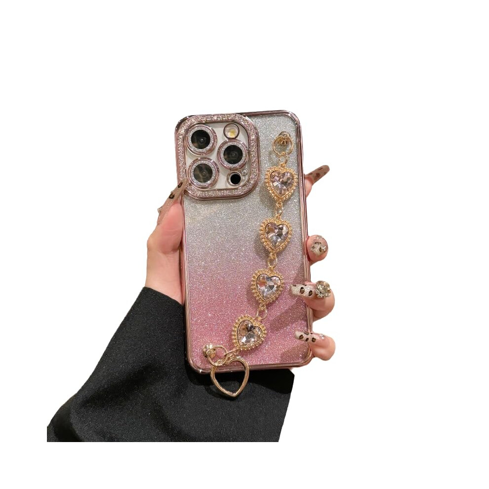 Case For Iphone 15 With Love Heart Rhinestone Strap, Glitter Bling Shockproof Silicone Cover Pink 9771547966784