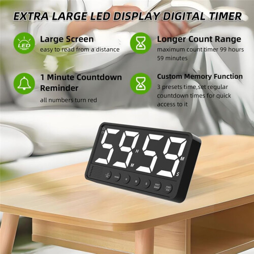 Extra-Large Display Digital Kitchen Timer with 7.4" LED Screen,Magnetic Stand Timer for Cooking Home Gym, Black 2