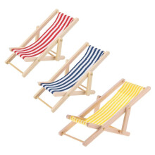 3Pcs 1:12 Miniature Foldable Wooden Beach Chair Deck Chair Longue Deck Chair with Stripe Dollhouse Accessories