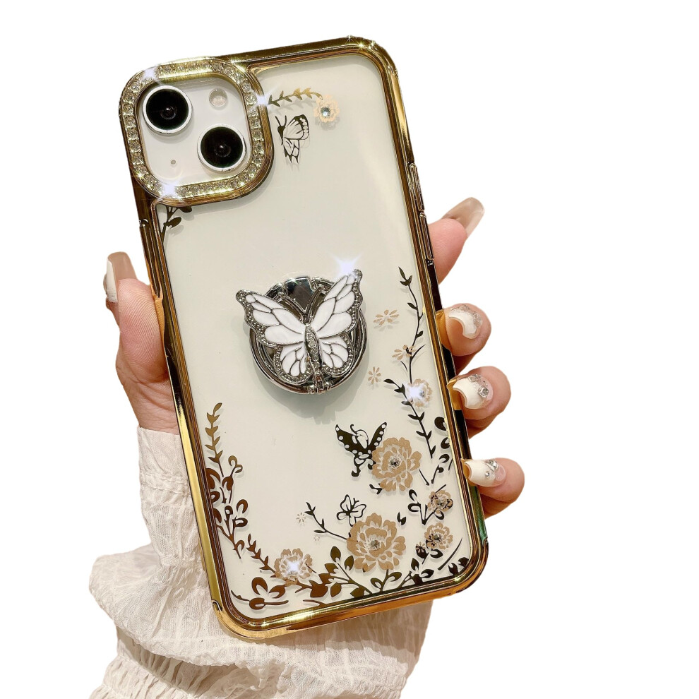 Case For Iphone 12 With Floral Butterfly Design, 360 Ring Stand, Shockproof And Lens Guard Gold 9330225988526