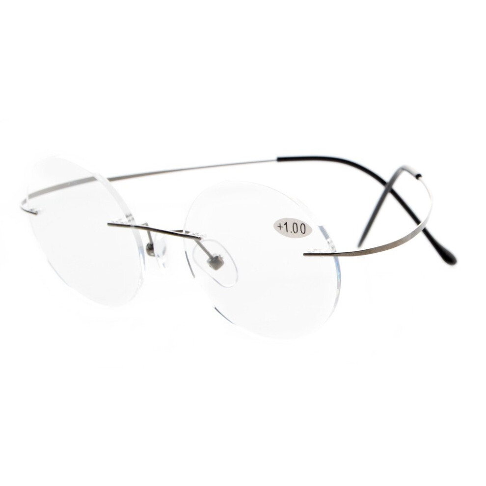 Titanium Rimless Reading Glasses +2.25 Round Gunmetal Frame Lightweight Clear Magnification