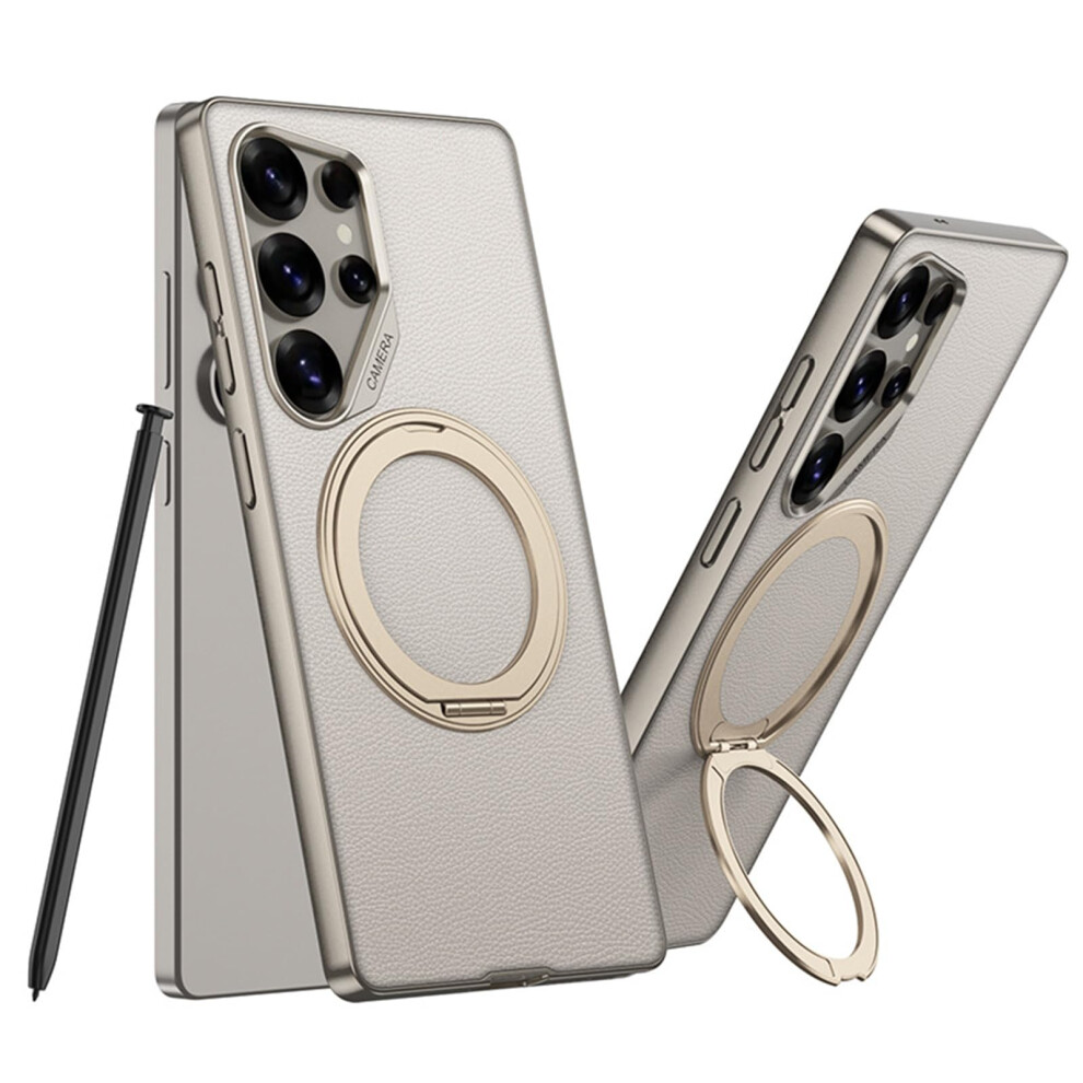 Magnetic Pu Leather Case For Samsung Galaxy S24 Ultra, Slim Metallic Matte Shockproof Cover With 360 Ring Kickstand And Wireless Charging Silver 9330225988793