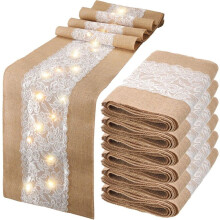 6 Pack Burlap Table Runner with LED Lights Lace Rustic Natural Boho Runner for Farmhouse Wedding Decor 12x108 Inches