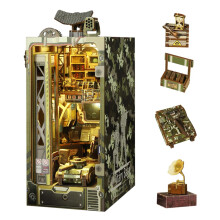 DIY Book Nook Kit with LED Light, 3D Wooden Military Base Puzzle Bookend for Bookshelf Decor