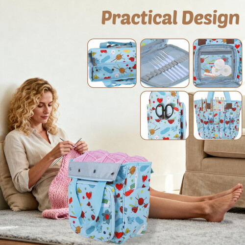 Small Blue Knitting Bag with MultiPocket Organizer for Crochet Hooks and Yarn Storage 2