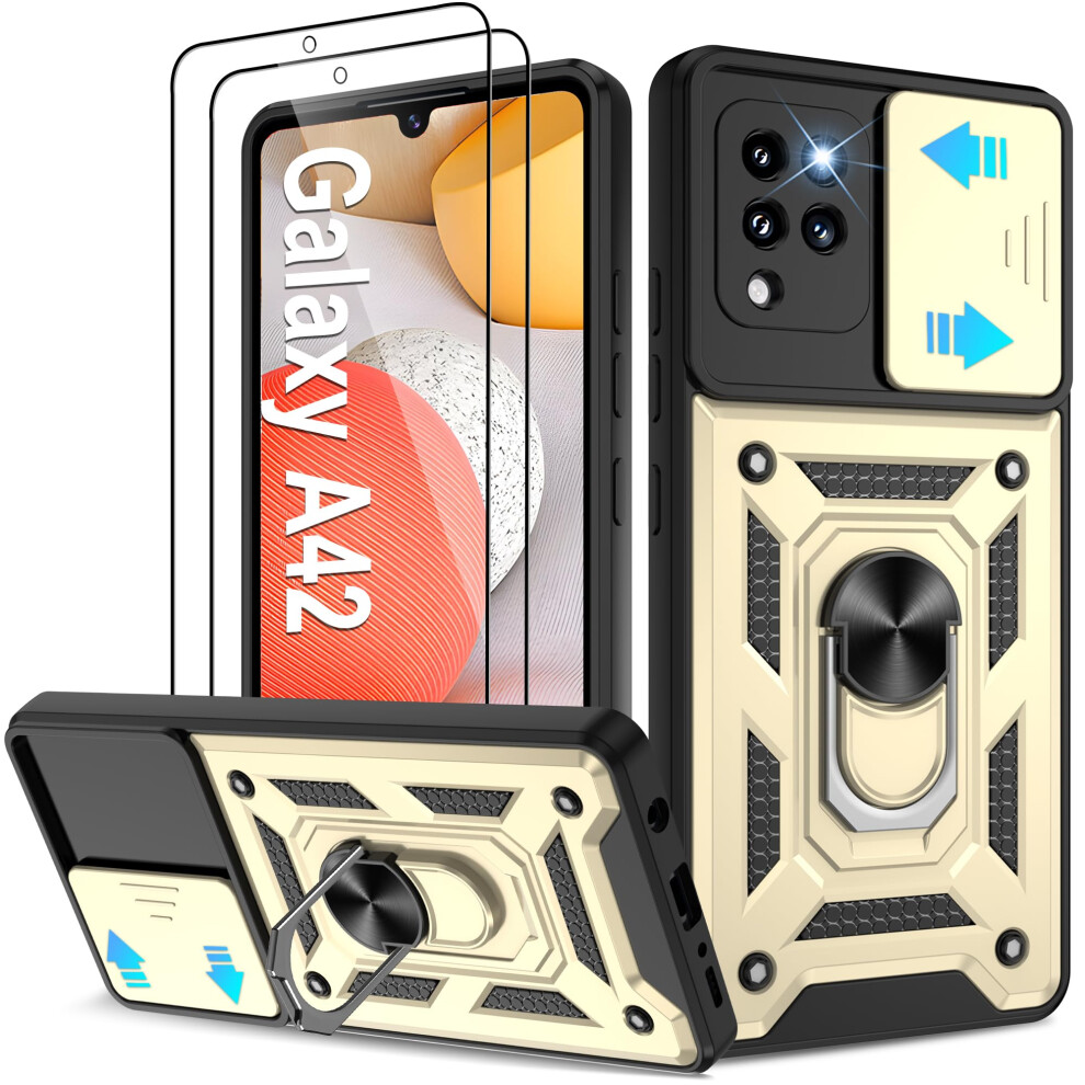 Case With 2 Pack Screen Protector For Samsung Galaxy A42 5G, Military Grade Shockproof Cover With 360 Rotation Kickstand, Gold 9330225989882