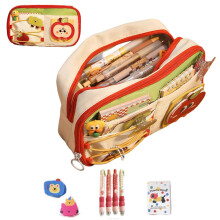 Kawaii Large Capacity Pencil Case with Zipper, MultiLayer Canvas Organizer in Red and Green