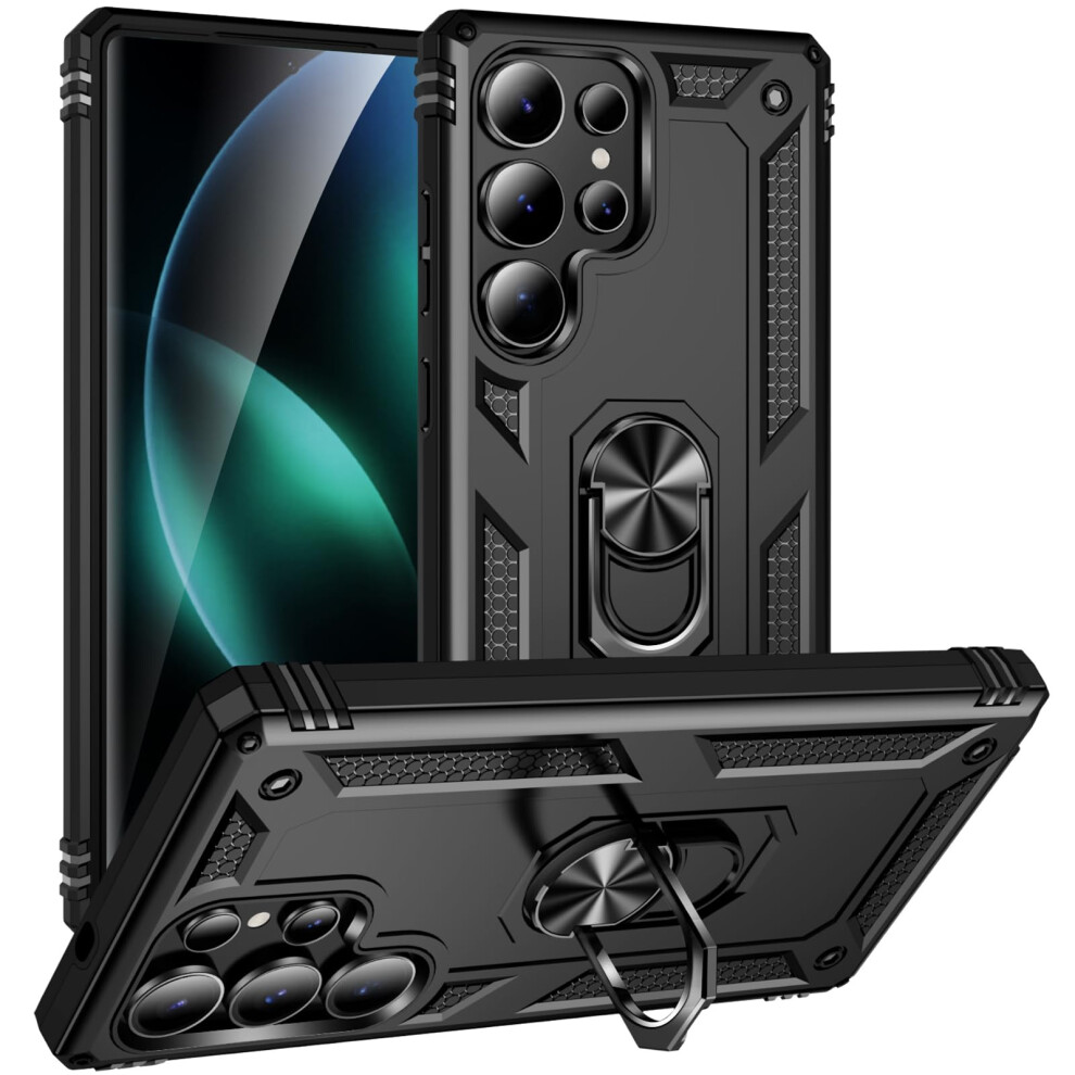 Case For Samsung Galaxy S25 Ultra With 360 Rotating Ring Kickstand, Metal Armor Shockproof Protection, Black 9330225990215
