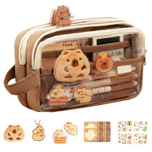 Cute Capybara Transparent Pencil Case with Compartments, Large Capacity Wide Opening School Pouch