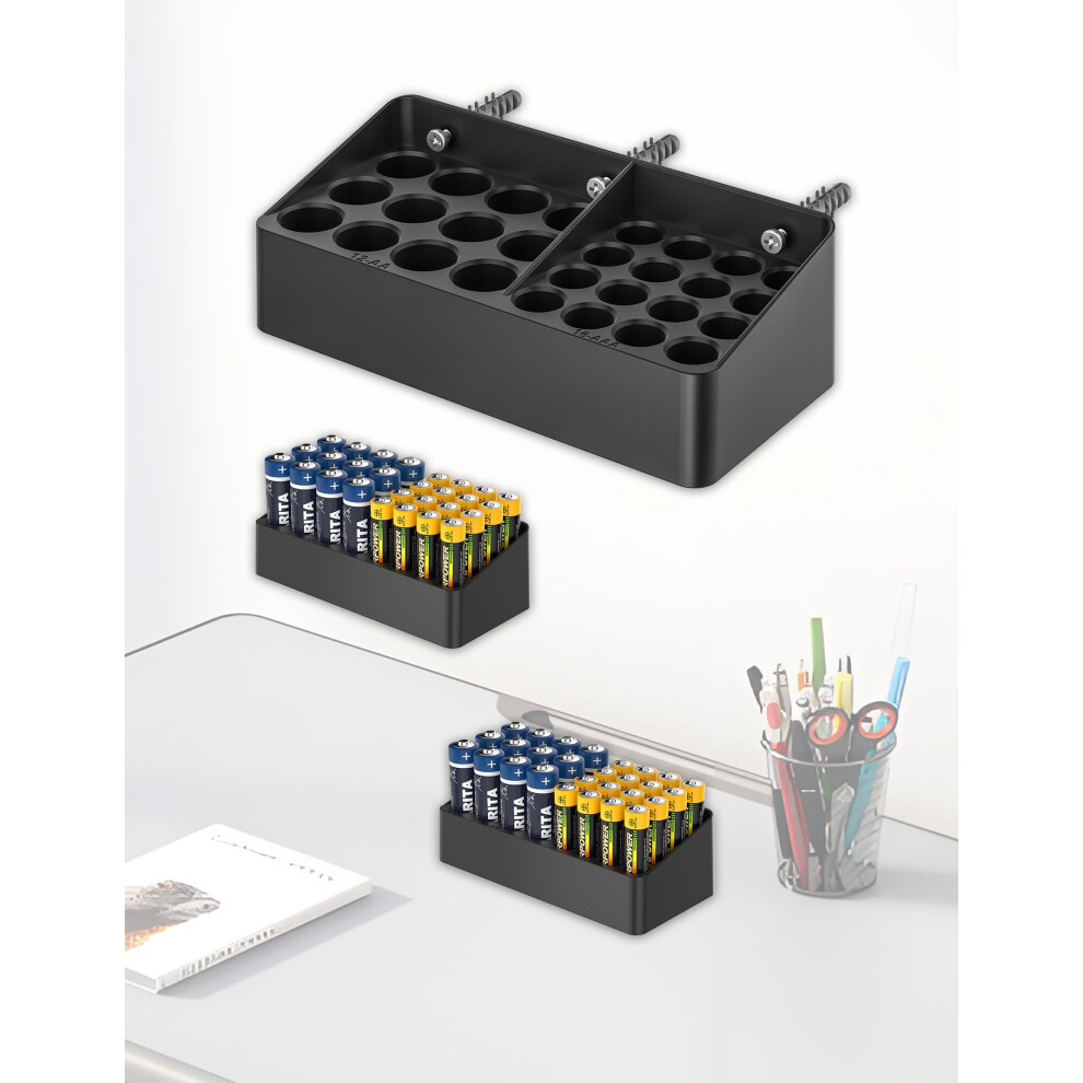 Battery Storage Organizer Case For 12 Aa And 16 Aaa Batteries, Compact Wall Or Desk Holder Black 9771547564553