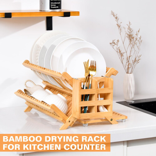 Bamboo 3 Tier Foldable Wooden Dish Drying Rack for Countertop SpaceSaving Storage 1