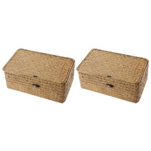 2X Rattan Storage Basket,Straw Seaweed Basket, Hand-Woven Storage Basket Multipurpose Container with Lid (10cm)