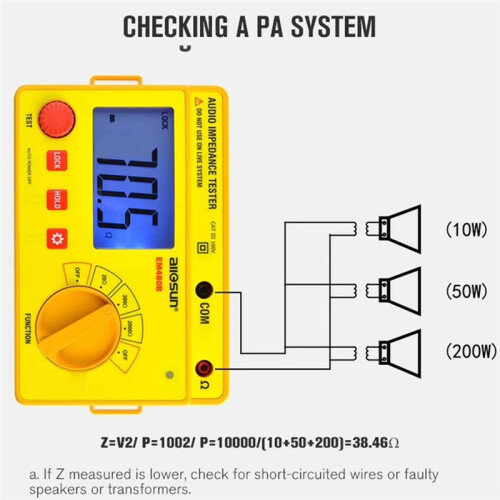 ALL SUN EM480B Audio Impedance Tester Portable CATIII Test Ranges 20/200/2000 Resistance Meter 1KHz Timer Function Data Hold 1