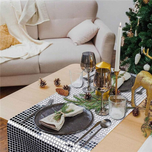 4X Disco Party Table Runner Mirror Silver Foil Table Runner Glitter Metallic Table Cover for Disco Dance Party Wedding