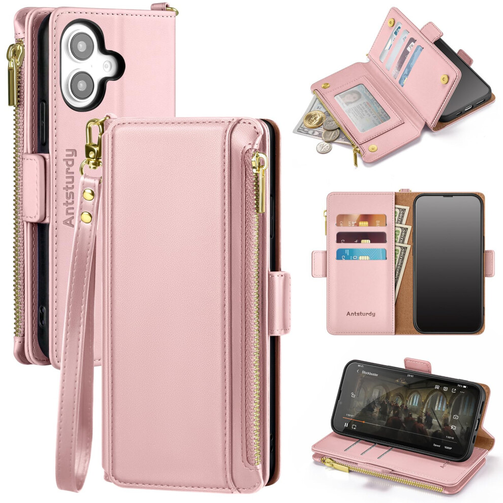 Wallet Case Leather Cover With Zipper Card Holder Rfid Blocking Kickstand Wrist Strap For Iphone 16 Pink 9330225992165