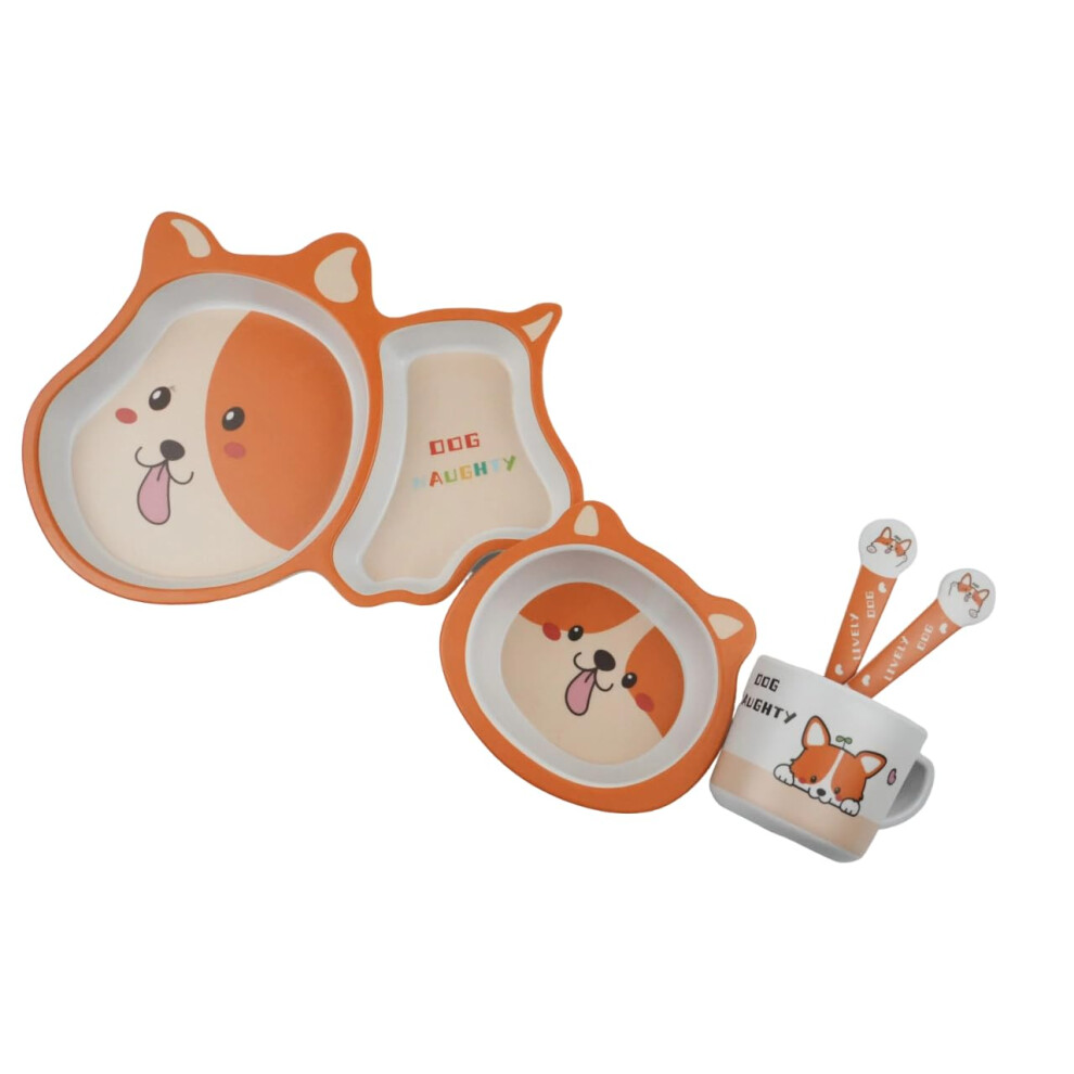 Bamboo Kids Dinnerware Set With Bright Dog Design, 5Piece Bpa Toddler Plate Bowl Cup Orange
