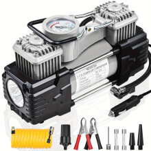 12V Twin Cylinder Heavy Duty Tire Inflator with Gauge and Emergency Light for Car and Truck Silver