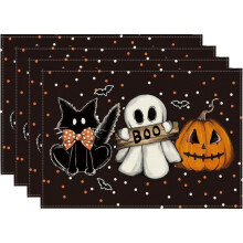 Halloween Placemats 4pcs Washable Heat Resistant Non Slip Black Table Mats for Halloween Party Decor