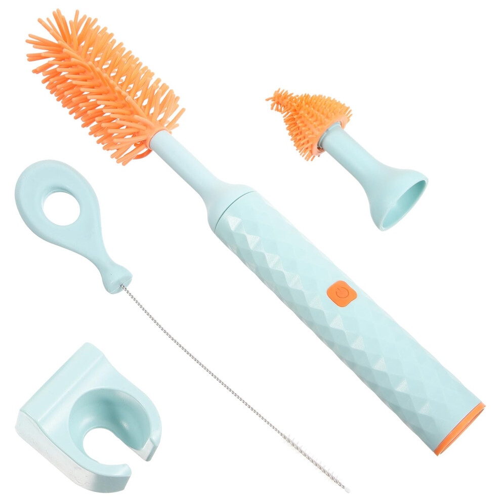 Electric Bottle Cleaning Brush With Long Handle, Rotating Silicone Bristles For Glassware And Milk Bottles Blue