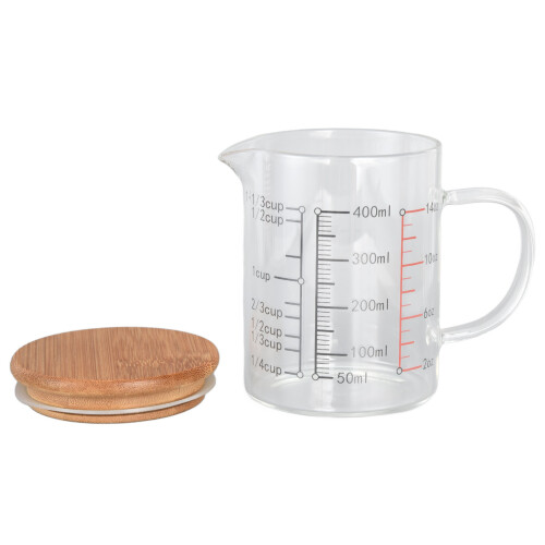 V-Shaped Nozzle Glass Measuring Cup 400ml with Bamboo Handle