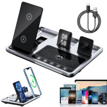 4 in 1 Wireless Charging Station with Alarm Clock, Fast Charger Dock Compatible with iPhone, Samsung and Android Devices, Silver