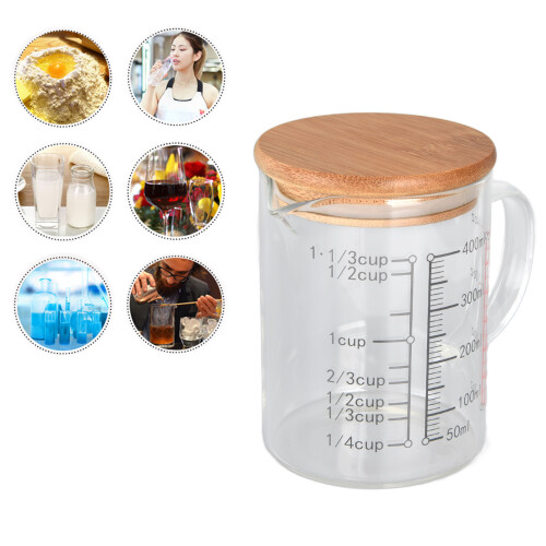 V-Shaped Nozzle Glass Measuring Cup 400ml with Bamboo Handle 1