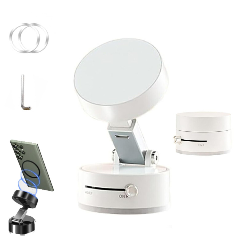 Foldable Magnetic Car Phone Mount With Vacuum Suction And Retractable Stand Compatible With All Smartphones White 9092120721218