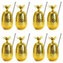 8 Pack Pineapples Drink Cups, 450Ml Gold Pineapples Tumbler with Stretched Straw, Hawaiian Luau Party Cups